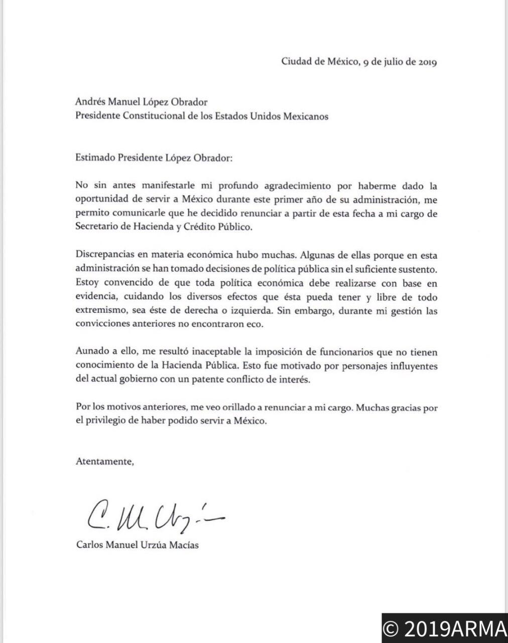 La carta de renuncia de Carlos Urzúa a la Secretaría de 